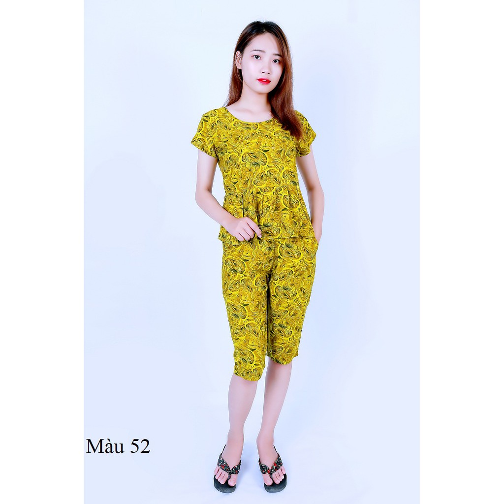 Bộ mặc nhà lanh  Vicci BN057, thiết kế áo cộc tay dáng peplum phối quần lửng in họa tiết