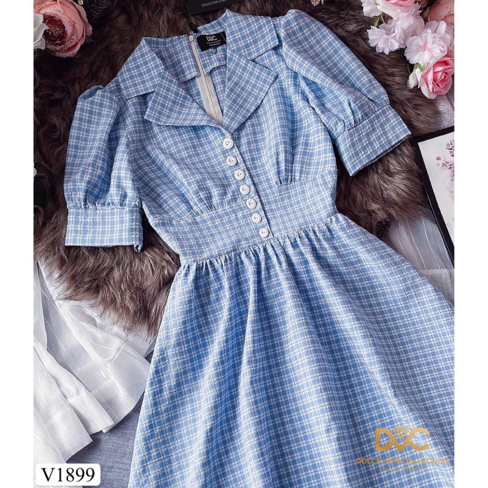 Váy xanh kẻ xòe V1899 - ĐẸP SHOP DVC ( Ảnh mẫu và ảnh trải sàn do shop tự chụp ) 👗 * ྇