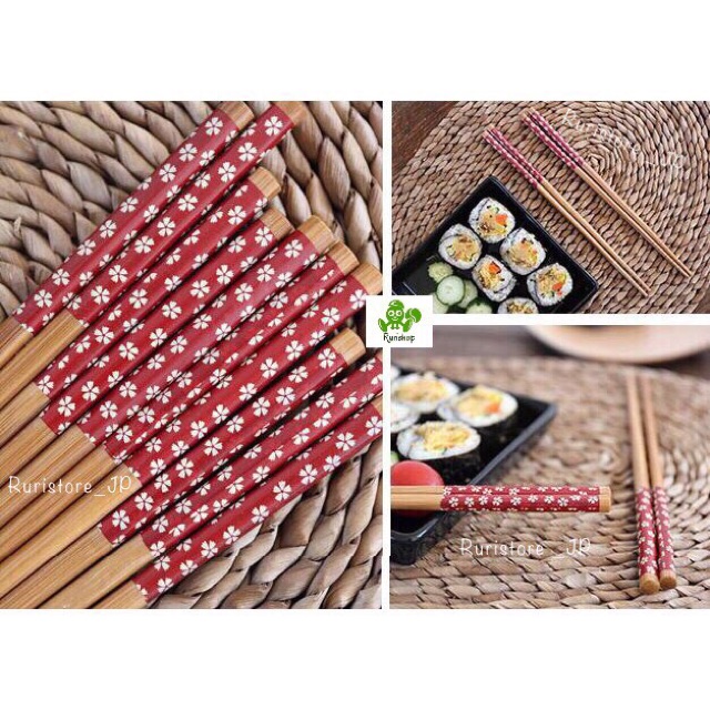 Đũa ăn Nhật Bản-bộ 5 đôi mẫu hoạ tiết hoa anh đào xanh, đỏ truyền thống