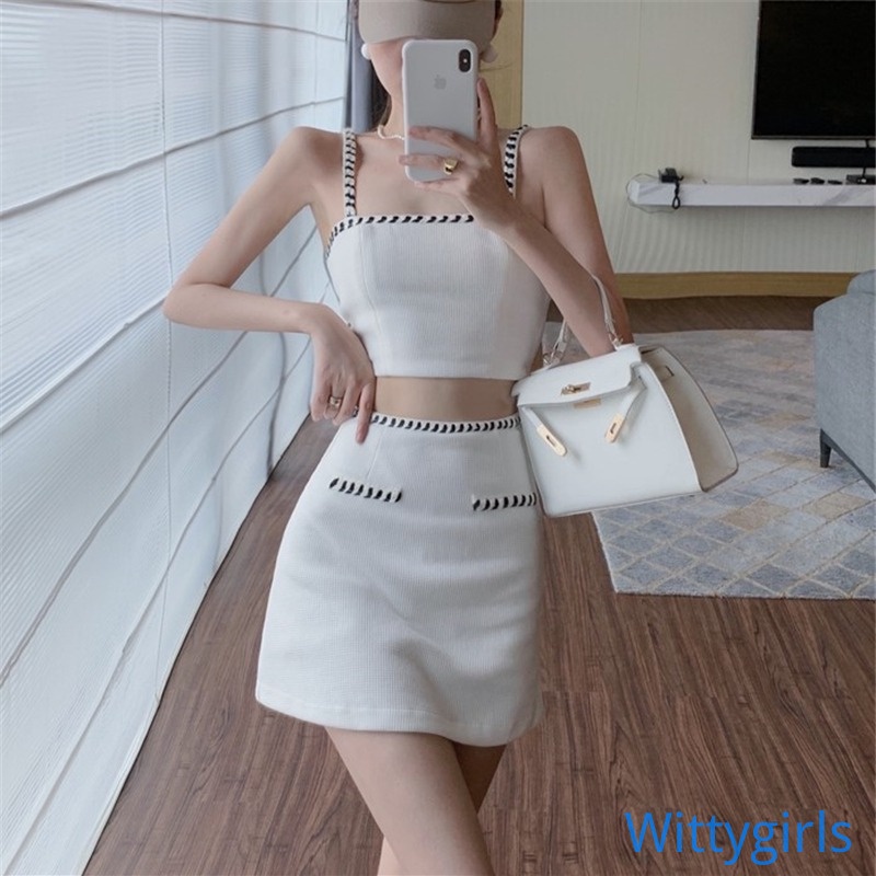 Bộ Áo Tank Top Không Tay Phối Chân Váy Lưng Cao Thời Trang Mùa Hè Cho Nữ