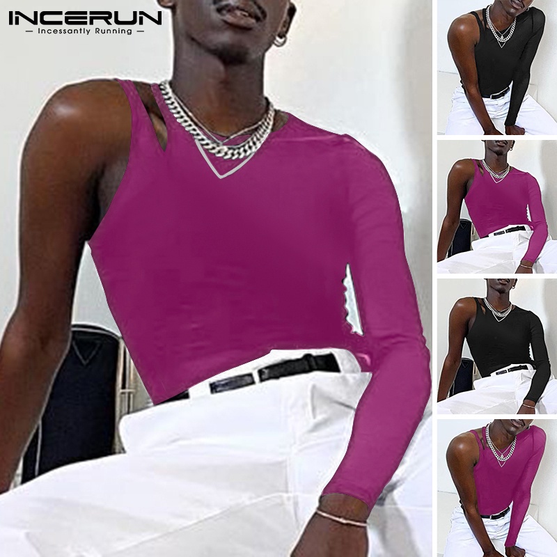 Áo kiểu INCERUN thiết kế lệch một bên vai màu trơn gợi cảm thời trang dành cho nam