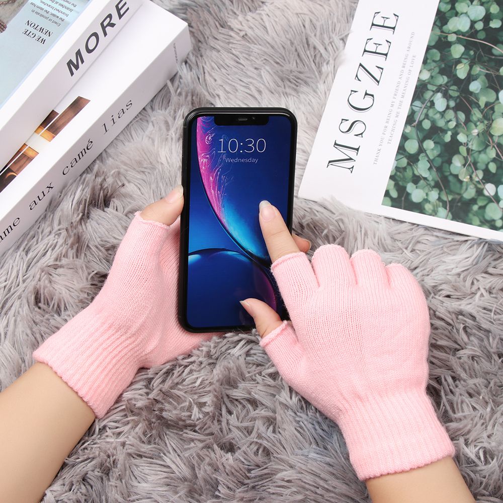 Găng tay dệt kim hở ngón mềm mại giữ ấm màu kẹo dành cho nam nữ