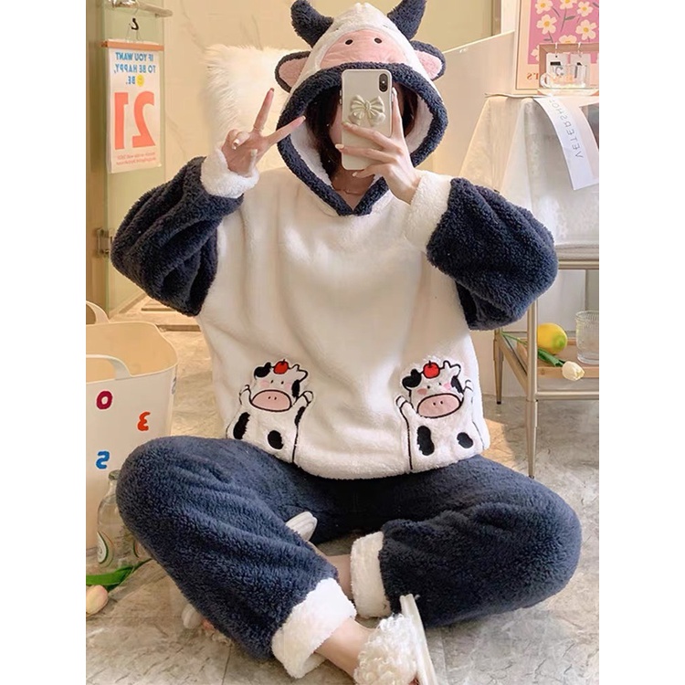 Bộ đồ lông bò sữa phối màu siêu cute mix quần ống suông BN124