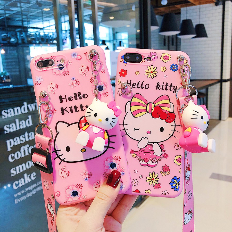 Ốp Lưng In Hình Hello Kitty Có Dây Đeo Xinh Xắn Cho Oppo Realme C1 C2 C3 5 5i A1K C11 C12 C15 C17 7 7i