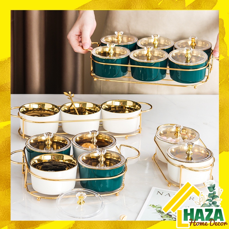 Bộ Khay hũ sứ Mứt Tết đựng hạt ngũ cốc, trái cây, bánh kẹo sang trọng [Haza Home decor]