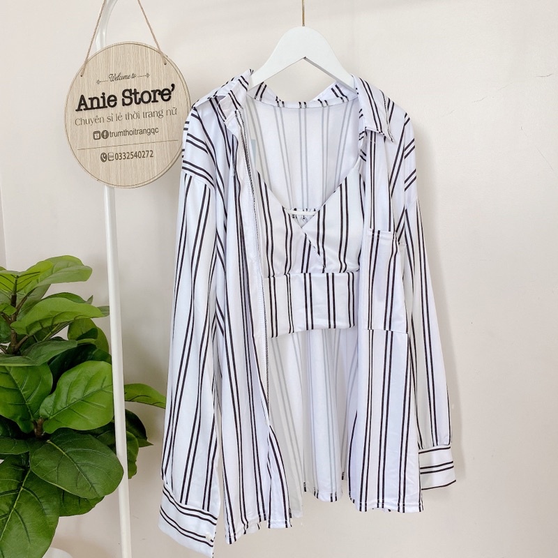 Bộ Áo Sơ Mi Bra Kẻ Nữ 🦋 Set Somi Dài Tay Nữ Kèm Áo 2 Dây Có Mút Ngực🦋 | BigBuy360 - bigbuy360.vn