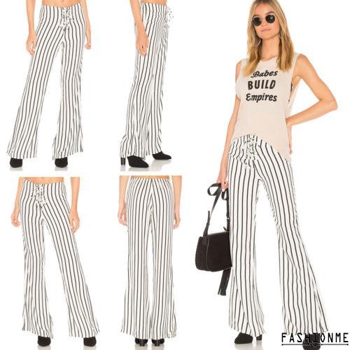 ღ𝓂ℰWomen Palazzo Pants Stripe High Waist Casual Wear Wide Leg Holiday Loose Trouser
