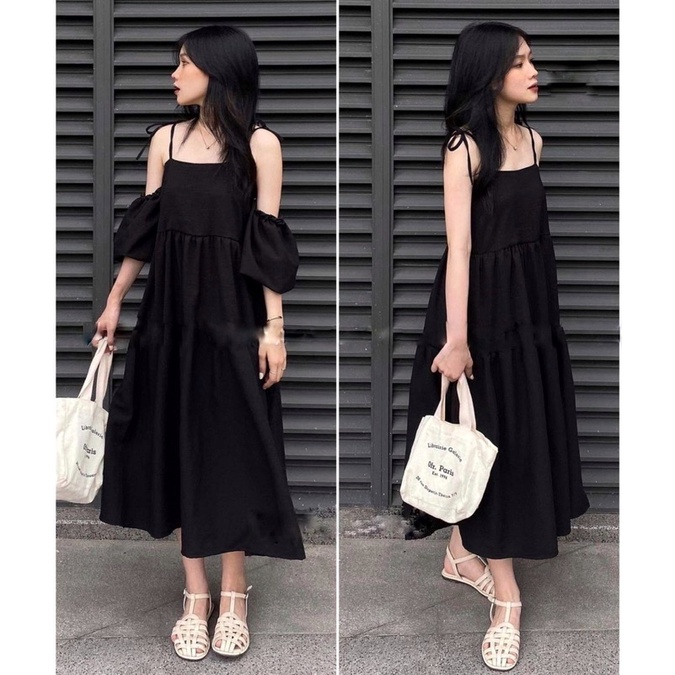 Váy 2 Dây Buộc Vai Kèm Ống Tay Tháo Rời Dáng Xoè Cực Xinh