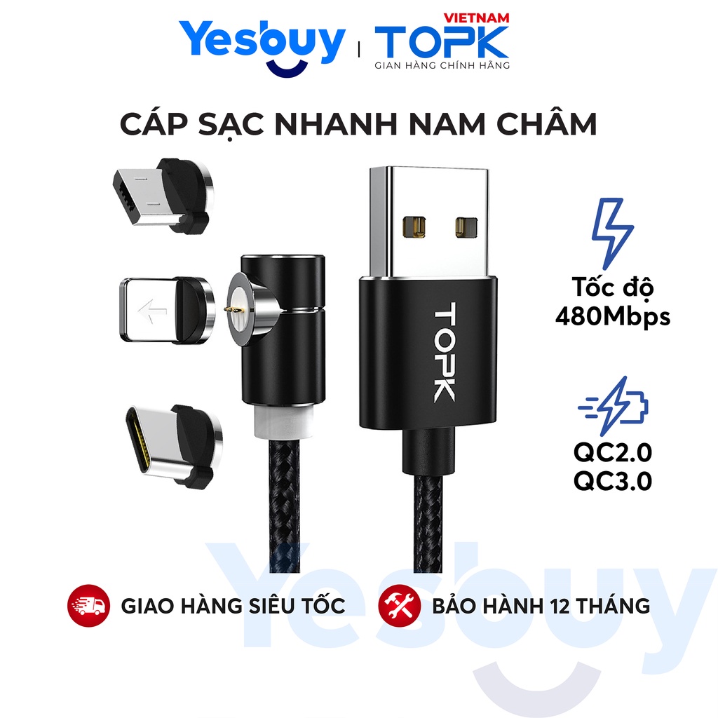 Dây sạc nam châm, đầu nối vuông góc TOPK AM69 Sạc nhanh QC 3.0 dài 1m, dùng cho điện thoại - Hàng chính hãng