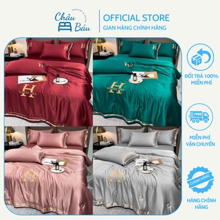 Bộ chăn ga gối lụa thêu chữ h luxury set chăn ga gối lụa 4 món chăn trần hè