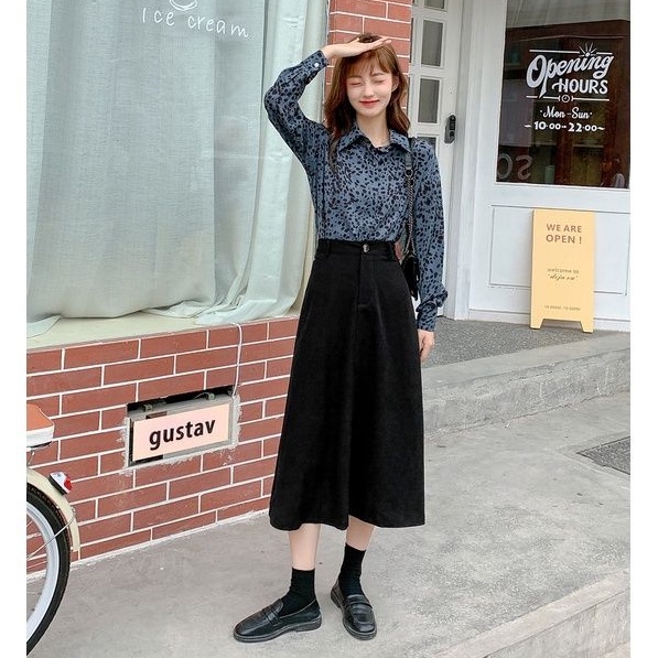 Set Công Sở Mùa Thu Đông, Áo Sơ Mi Mix Chân Váy Chữ A Phong Cách Retro Có Size Lớn