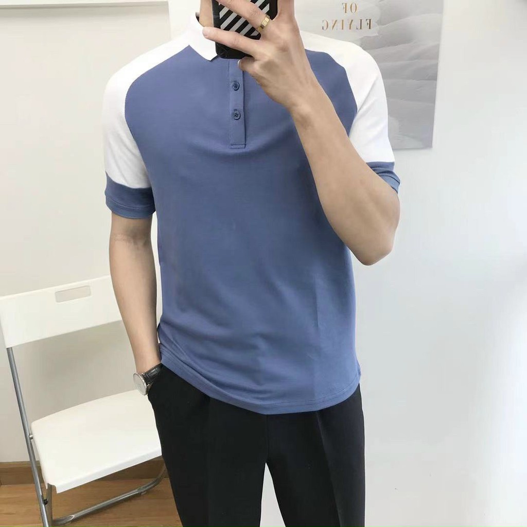Áo thun nam polo pha vai,kiểu dáng Hàn, chất liệu cotton cao cấp mềm mịn,