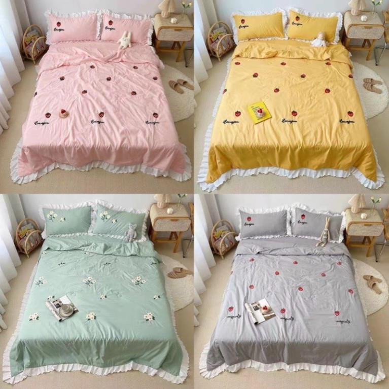 Bộ Chăn Trần kèm Ga Gối CÚC HOẠ MI Viền Bèo + Thêu Hoa Nổi /6 gam màu lựa chọn CHẤT LIỆU ĐŨI MỀM NHẸ