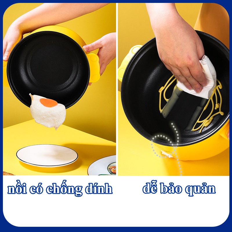 Nồi Lẩu Điện Mini, Nấu Mì 2 Tầng Kèm Giá Hấp Đa Năng Nướng, Luộc, Chiên Chống Dính Vấn Đá Tiện Lợi, Ca nấu mì mẫu mới