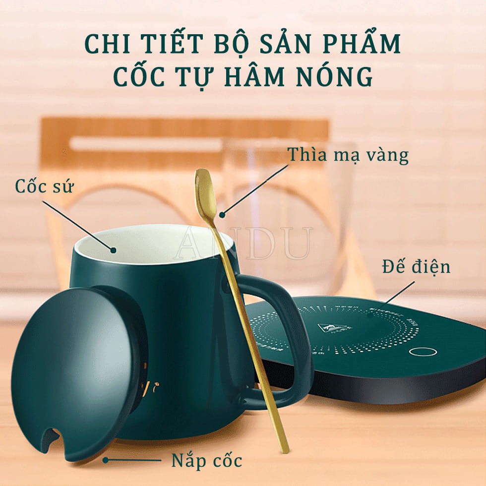 Cốc Văn Phòng, Cốc Hâm Nóng Bằng Sứ Kèm Đế Điện trà Tặng Kèm Thìa Mạ Vàng Tiện Lợi