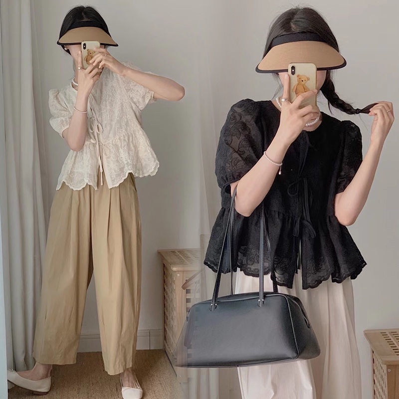 Set áo tay ngắn thêu họa tiết và quần dài thời trang phong cách Hàn Quốc cho mẹ bầu (có bán lẻ)