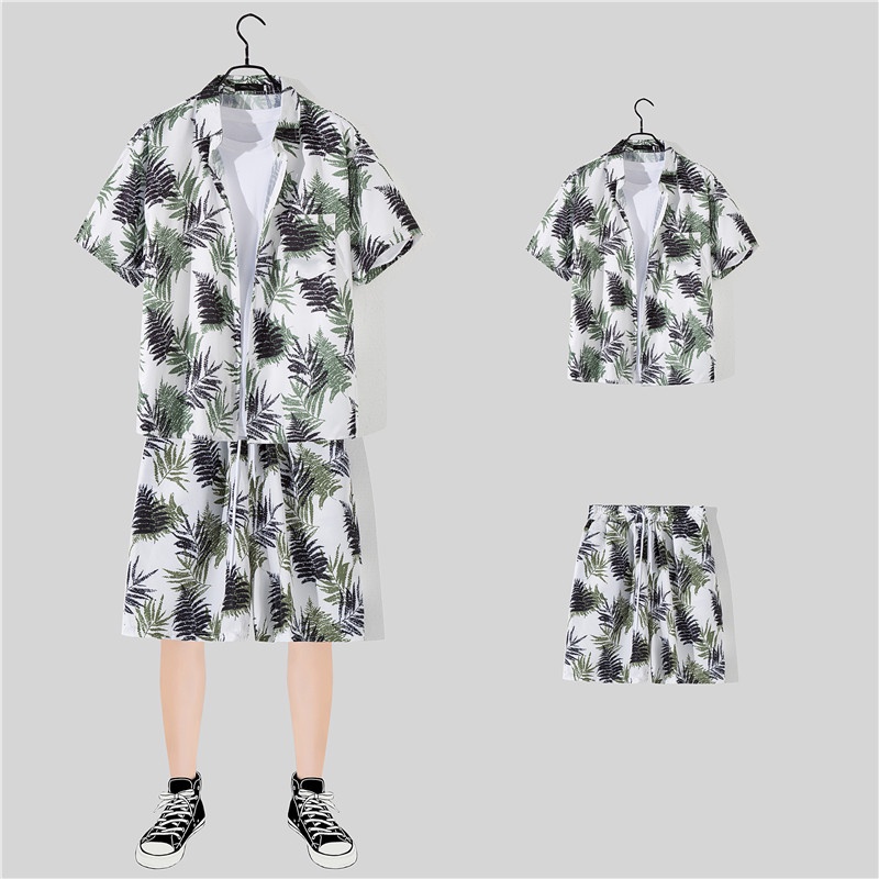 Bộ đồ gồm áo sơ mi tay ngắn + quần short chất lượng cao in họa tiết lá cây thời trang Hàn Quốc cho nam