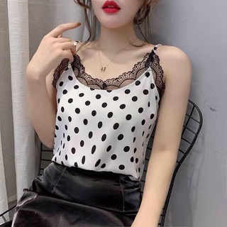 Áo 2 dây chấm bi viền ren