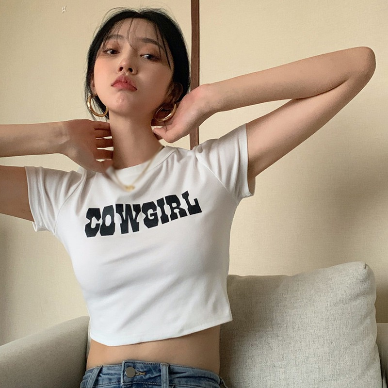 Áo Thun Crop Top Tay Ngắn Cổ Tròn Thoáng Khí In Chữ Phong Cách Hàn Quốc Cho Nữ