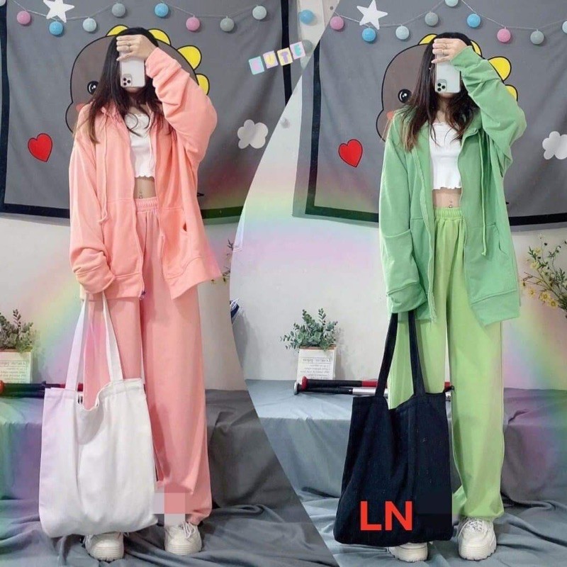 bộ nỉ trơn khoá kéo quần bom chun gấu các màu LN65