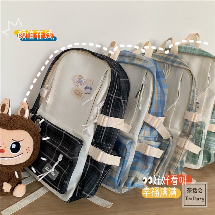 Ba Lô Vải Canvas Họa Tiết Caro M7Ii Phong Cách Hàn Quốc Cho Nữ Sinh