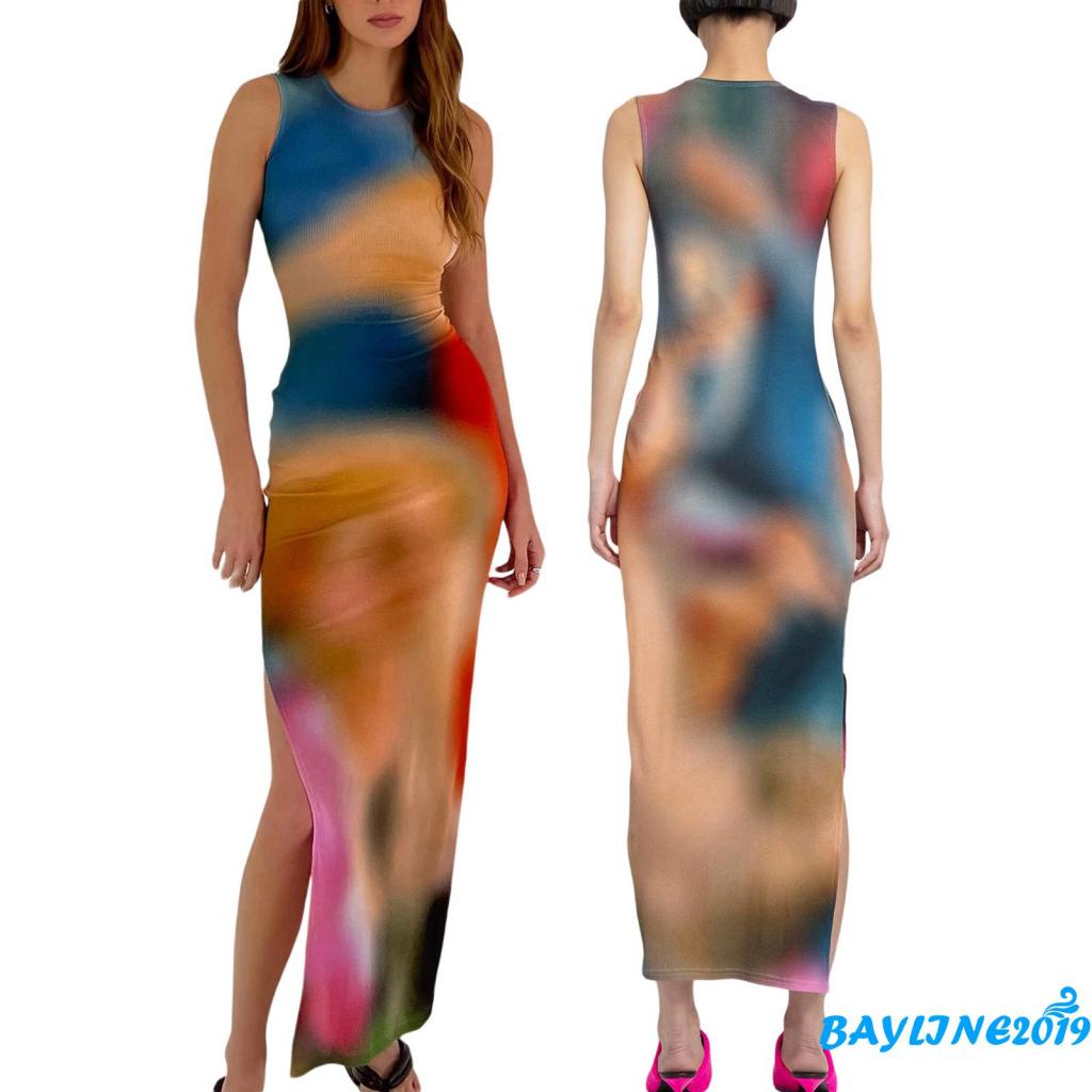 BAY-Women´s Summer Long Dress Sleeveless O Neck Tie Dye Print Side Split Skinny Dress