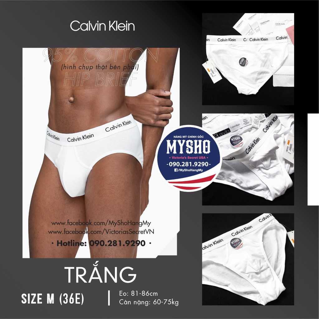 Quần lót CK Nam (36) Màu Trắng Lưng Hồng Sáng - 95% Cotton - Loại quần Hip Brief