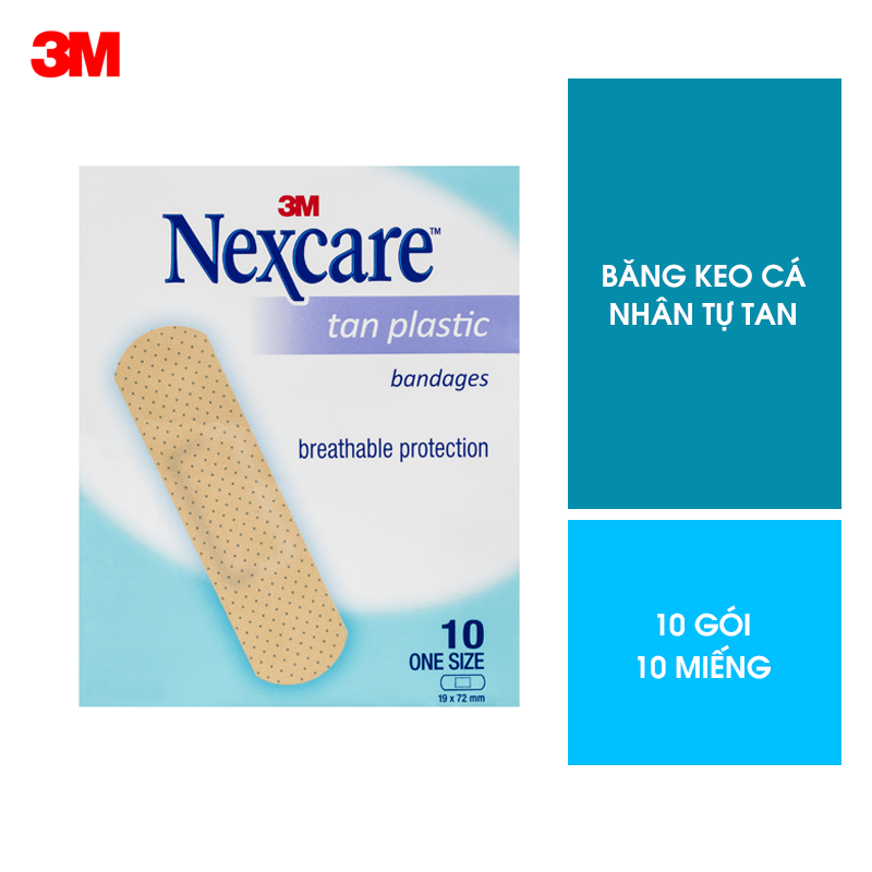 Băng keo cá nhân Nexcare 3M 19x72mm (10 miếng x 10 gói) Màu da, keo siêu dính, co dãn tốt, thông thoáng TANS10