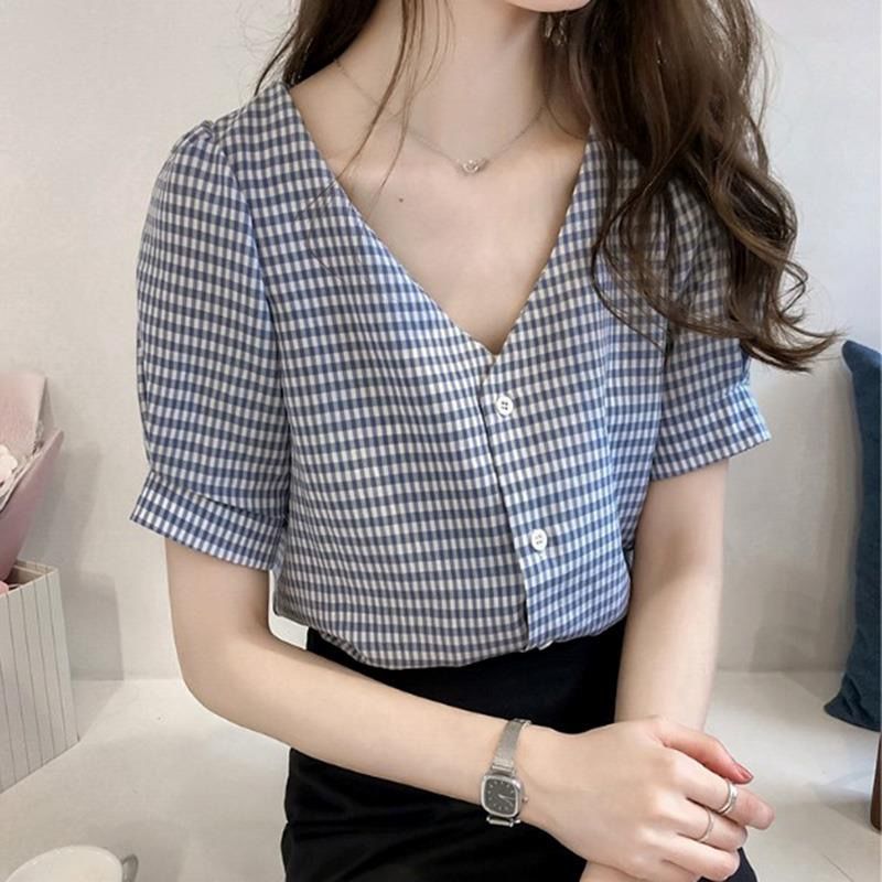 Áo Sơ Mi Tay Ngắn Dáng Rộng Cổ Chữ V Kẻ Ca-Rô Trẻ Trung Thanh Lịch Hợp Thời Trang