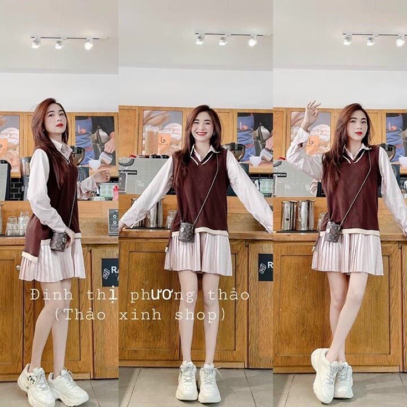 11g- Set đầm sơ mi đuôi cá và áo gile nâu