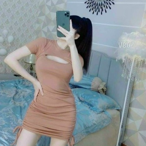 Đầm body tay ngắn cổ tròn cắt ngực rút dây 2 bên xinh sexy ly