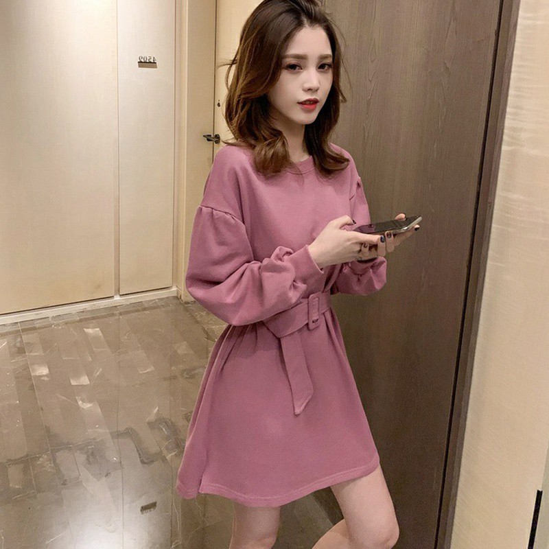 Đầm tay dài cổ tròn màu trơn phong cách Hàn Quốc