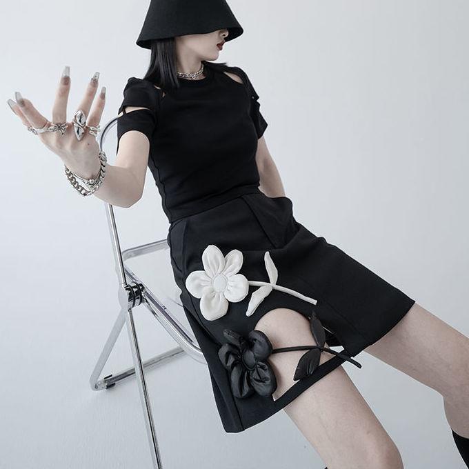 Chân váy chữ A màu đen thêu hoa thời trang 2022 dành cho nữ