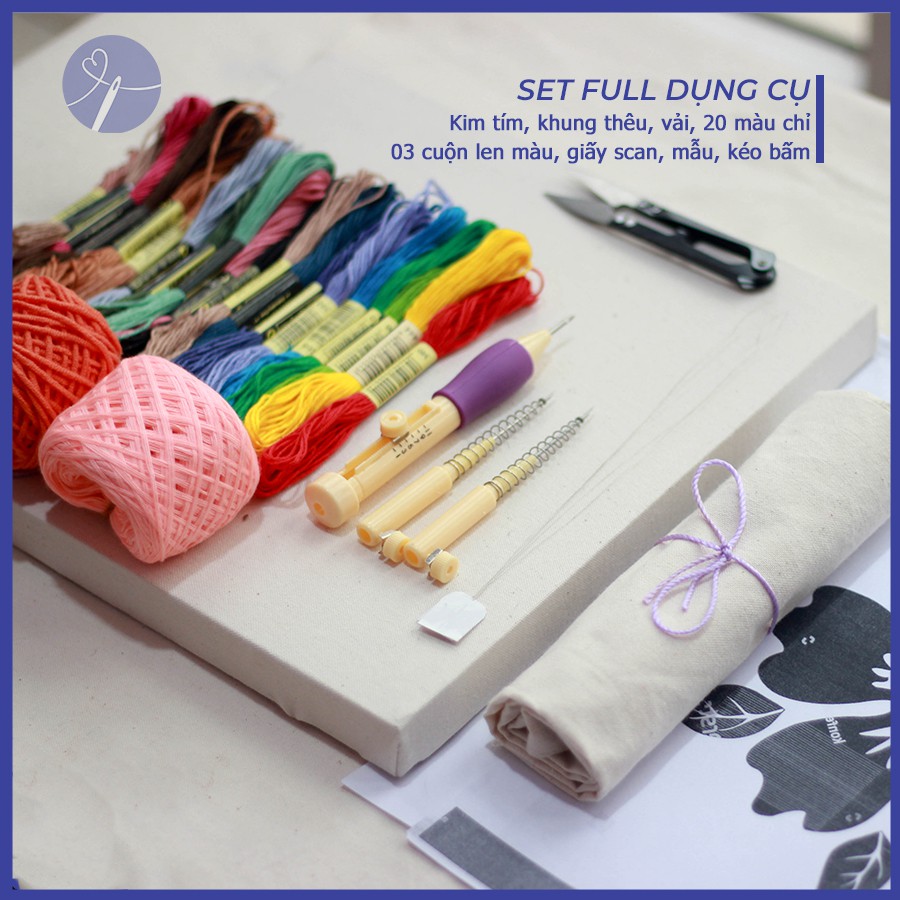 Combo Thêu Nổi Thêu Xù Punch Needle Cho Người Mới Bắt Đầu