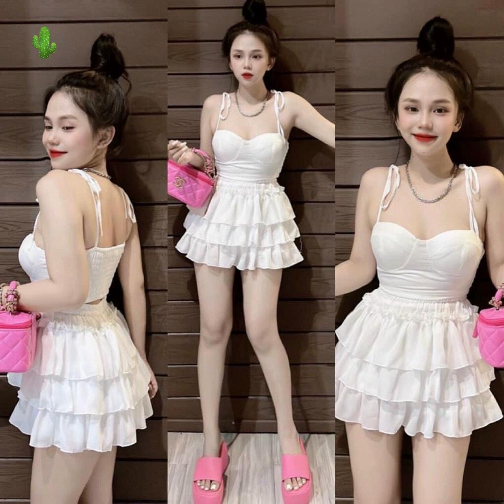 Set bộ nữ áo 2 dây cột vai chân váy tầng bèo voan mát mịn