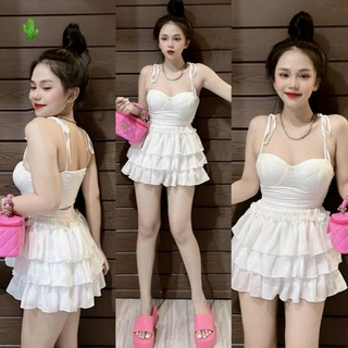 Set áo 2 dây cột vai tiểu thư kèm chân váy tầng chất voan đẹp trơn mịn