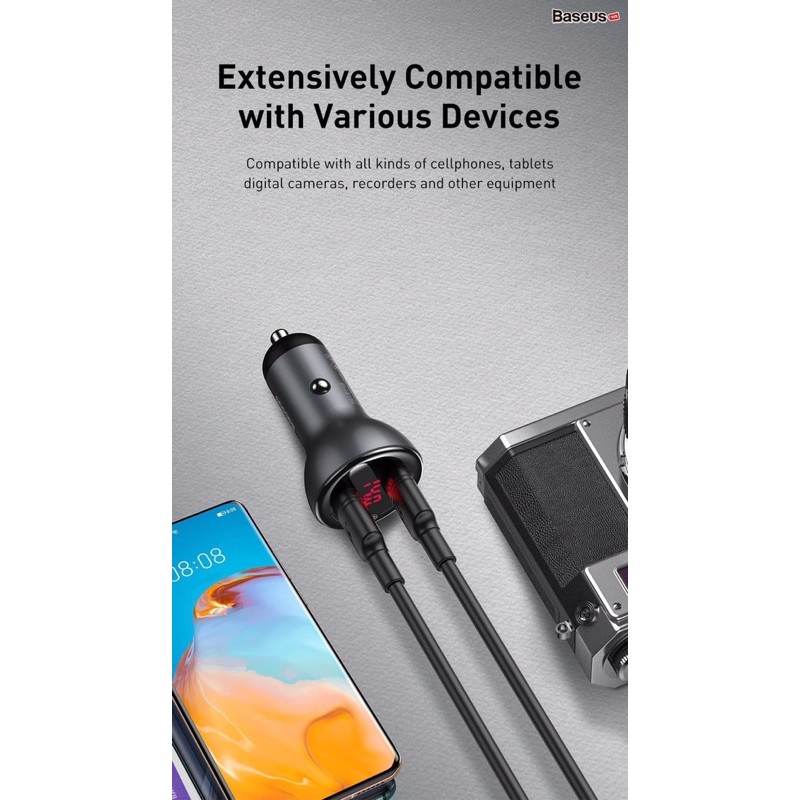 ✔NOWSHIP MỚI - TẨU SẠC XE Ô TÔ CÔNG XUẤT CAO BASEUS 45W Suit kèm cáp sạc nhanh  Dual QC QUICK CHARGE