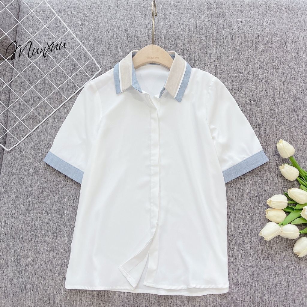 Áo sơ mi nữ MUNXUU cổ đức cộc tay phối viền màu thanh lịch - MUNXUU SP21