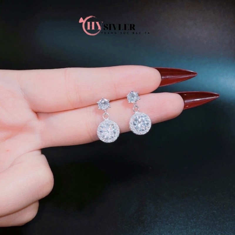 Đôi bông tai bạc ta đính đá sáng đẹp ổ đá tròn nữ tính dạng dài bông tai bạc thật giá rẻ CHY SILVER