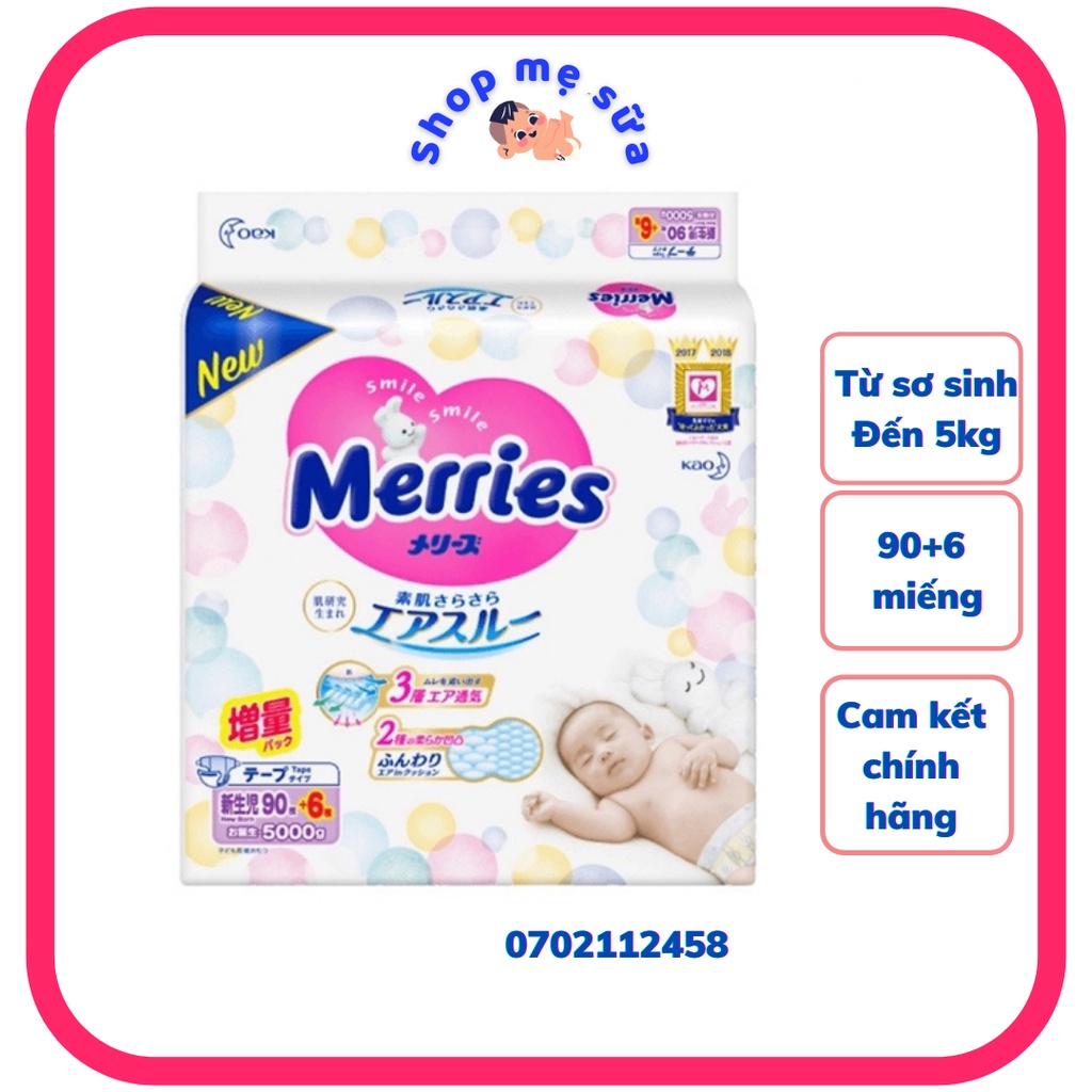 Tã dán - Bỉm Merries Nội Địa Nhật Chính Hãng, size NB Cộng Miếng, 90+6, dành cho trẻ sơ sinh đến dưới 5kg, chống hăm