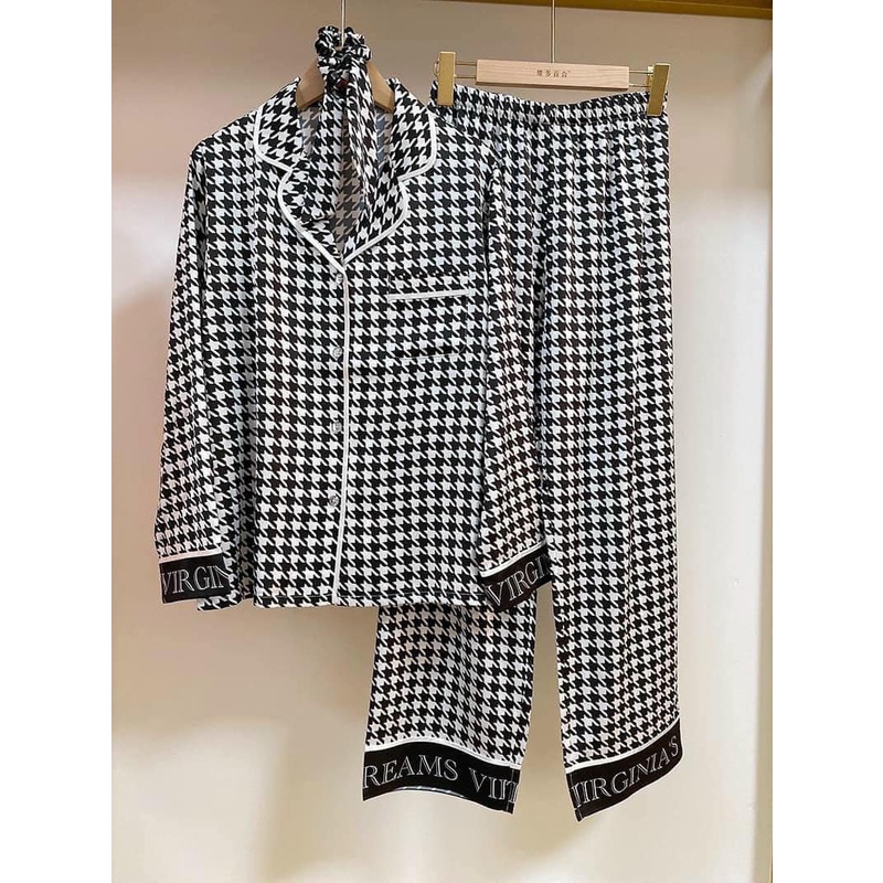 Đồ bộ pyjama dài tay thu đông mặc nhà nữ họa tiết ziczac cao cấp đồ ngủ lụa satin cao cấp (tặng kèm nơ buộc tóc ) | BigBuy360 - bigbuy360.vn