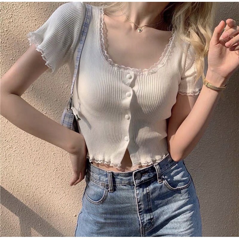 Áo croptop cúc bọc viền ren [10 MÀU] | BigBuy360 - bigbuy360.vn
