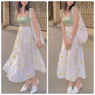 Set áo croptop hai dây kèm chân váy hoa