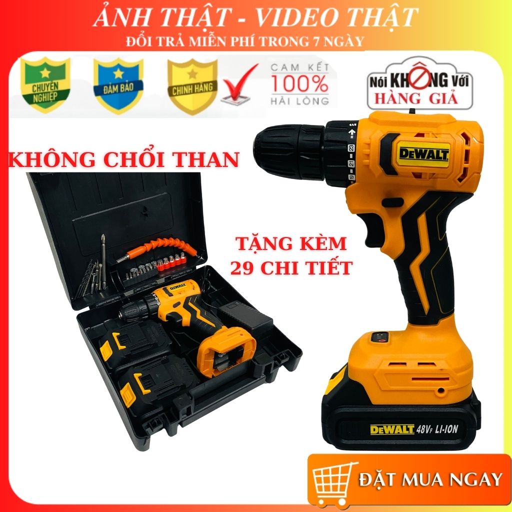 Máy khoan pin Dewalt 48Vf KHÔNG CHỔI THAN TẶNG KÈM PHỤ KIỆN