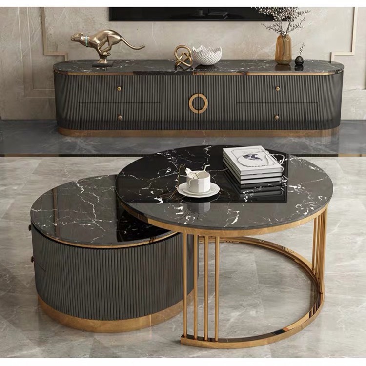 Bộ bàn trà FUNHOUSE hai ngăn kéo, bàn sofa  mặt đá, nội thất phòng khách hiện phong cách bắc âu - Bảo hành 12 tháng