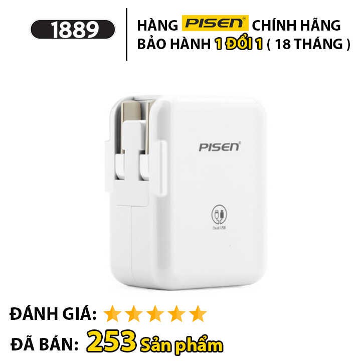 Sạc Pisen Dual Port 2.4A  Sạc 2 cổng USB-A Hỗ Trợ Sạc Nhanh Công Suất Đầu Ra 17W. Độ Bền Cực Cao, Bảo Hành 12 Tháng