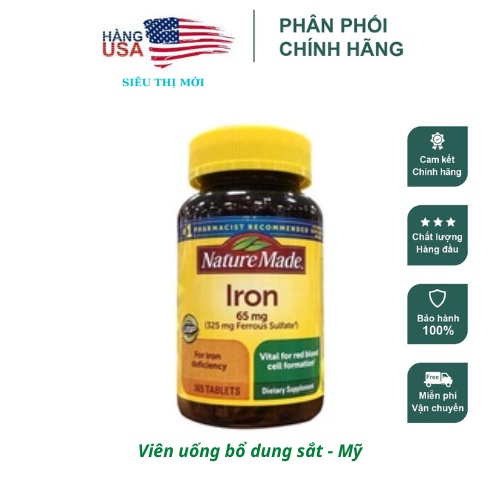 Viên uống bổ sung sắt Nature Made Iron 65 mg 365 viên nhập khẩu Mỹ- 2024| Siêu Thị Mới