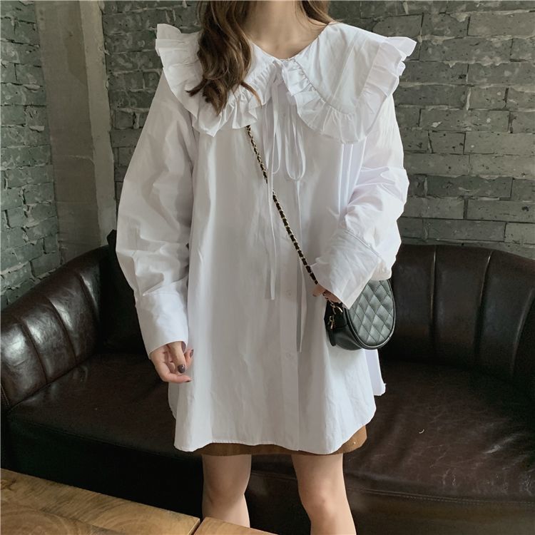 Early Spring 2021 New Korean Temperament Doll Collar Lace Up Medium Length White Shirt Women's Design Sense Niche Top[delivery Within 5 Days]