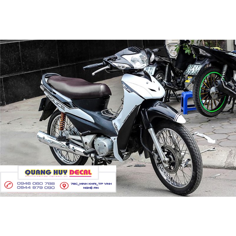 Tem trùm xe wave alpha 100 trắng đen po.li.ce  - Độ dán team trùm decal xe máy wave alpha trắng đen po.