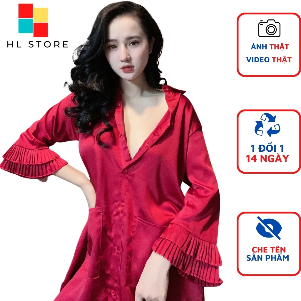 Đồ ngủ sexy đầm ngủ sơ mi gợi cảm, tay phối dập ly Hải Lan Store, chất liệu lụa satin, freesize 40-65kg tùy chiều cao